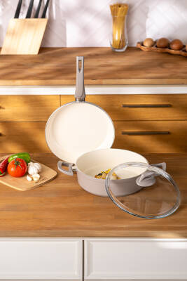 Crystal 3 Parça Tencere Tava Seti Bej